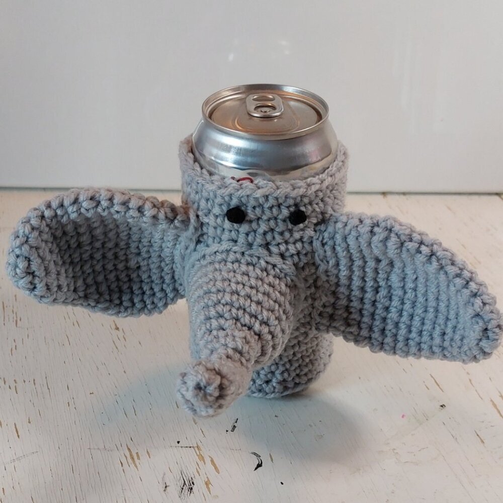 Fun Elephant Koozie Handmade Gift Idea Crochet Animal Whimsical Unique Creative - Picture 3 of 8